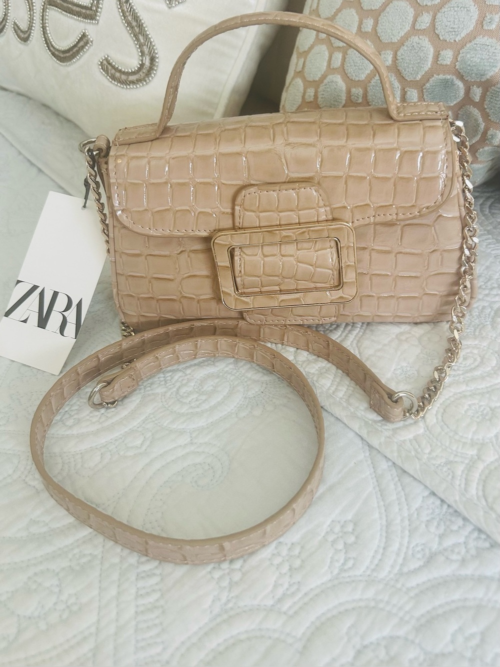 Zara Nude Croc-Embossed Mini Top Handle Bag with Chain Strap